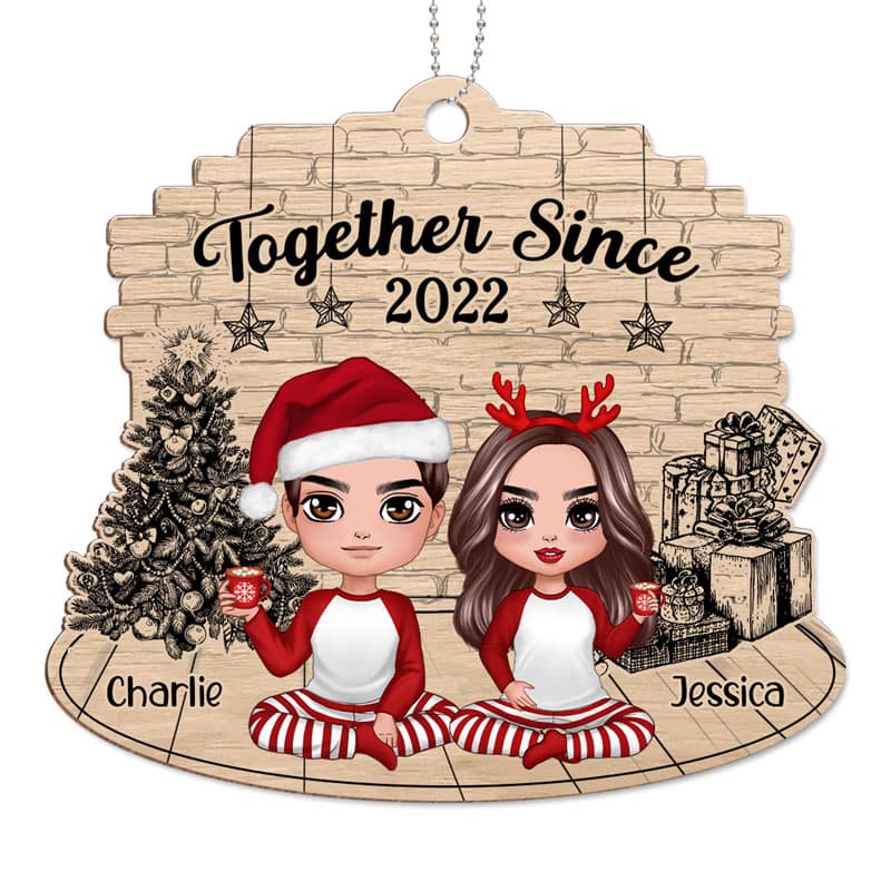 Christmas Sketch Background Pajamas Doll Couple Sitting Personalized Wooden Ornament