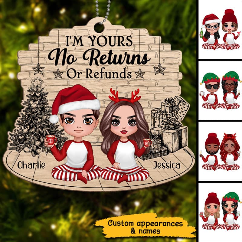 Christmas Sketch Background Pajamas Doll Couple Sitting Personalized Wooden Ornament - Image 2