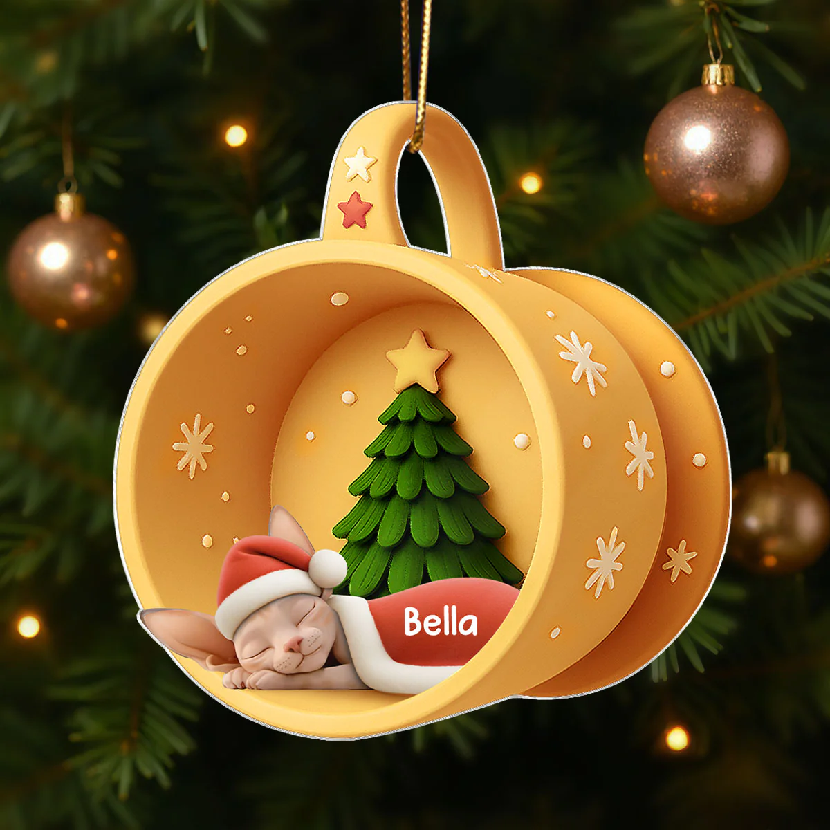Christmas Sleeping Cats In Cozy Mug 3D Effect Personalized Acrylic Ornament - Image 2