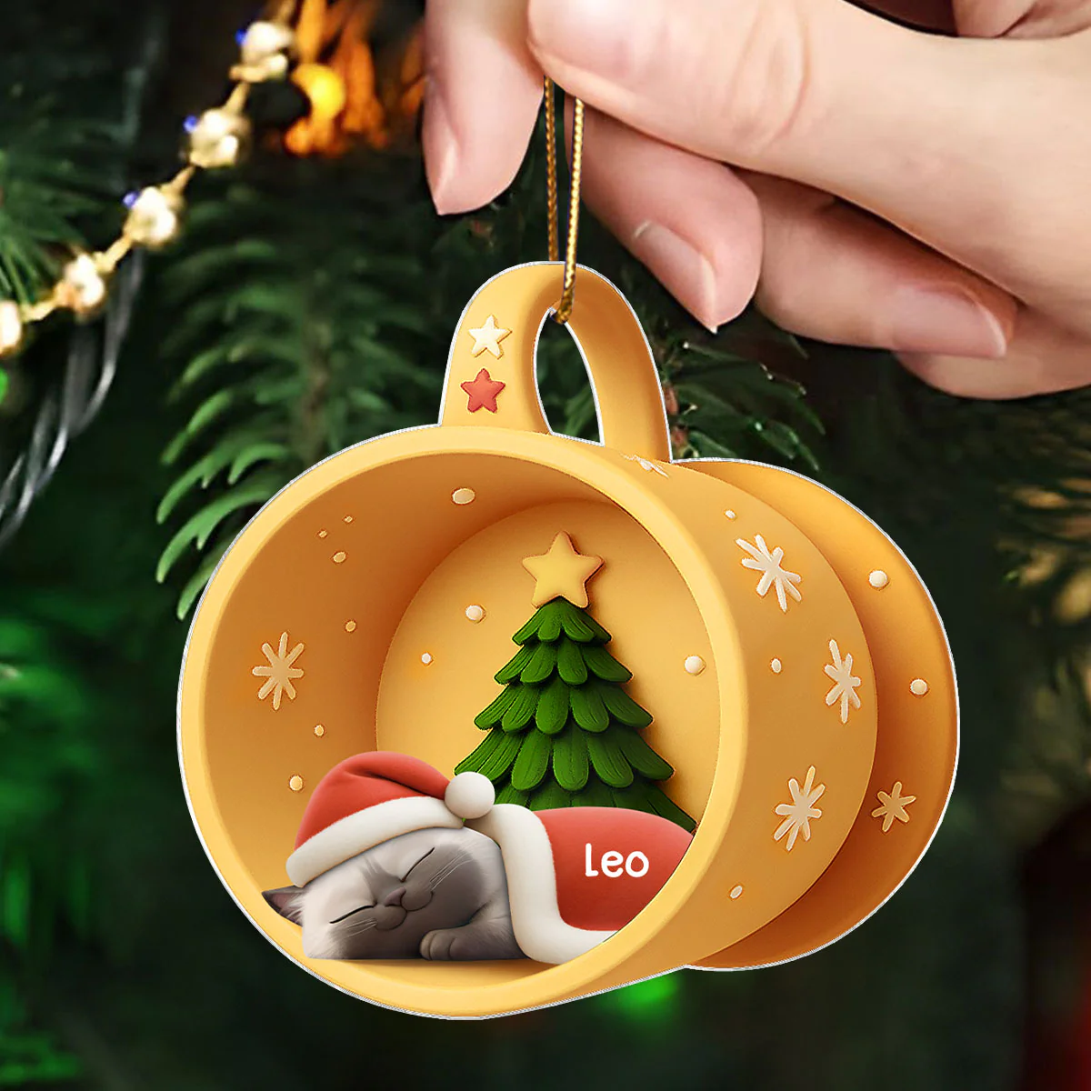 Christmas Sleeping Cats In Cozy Mug 3D Effect Personalized Acrylic Ornament - Image 4