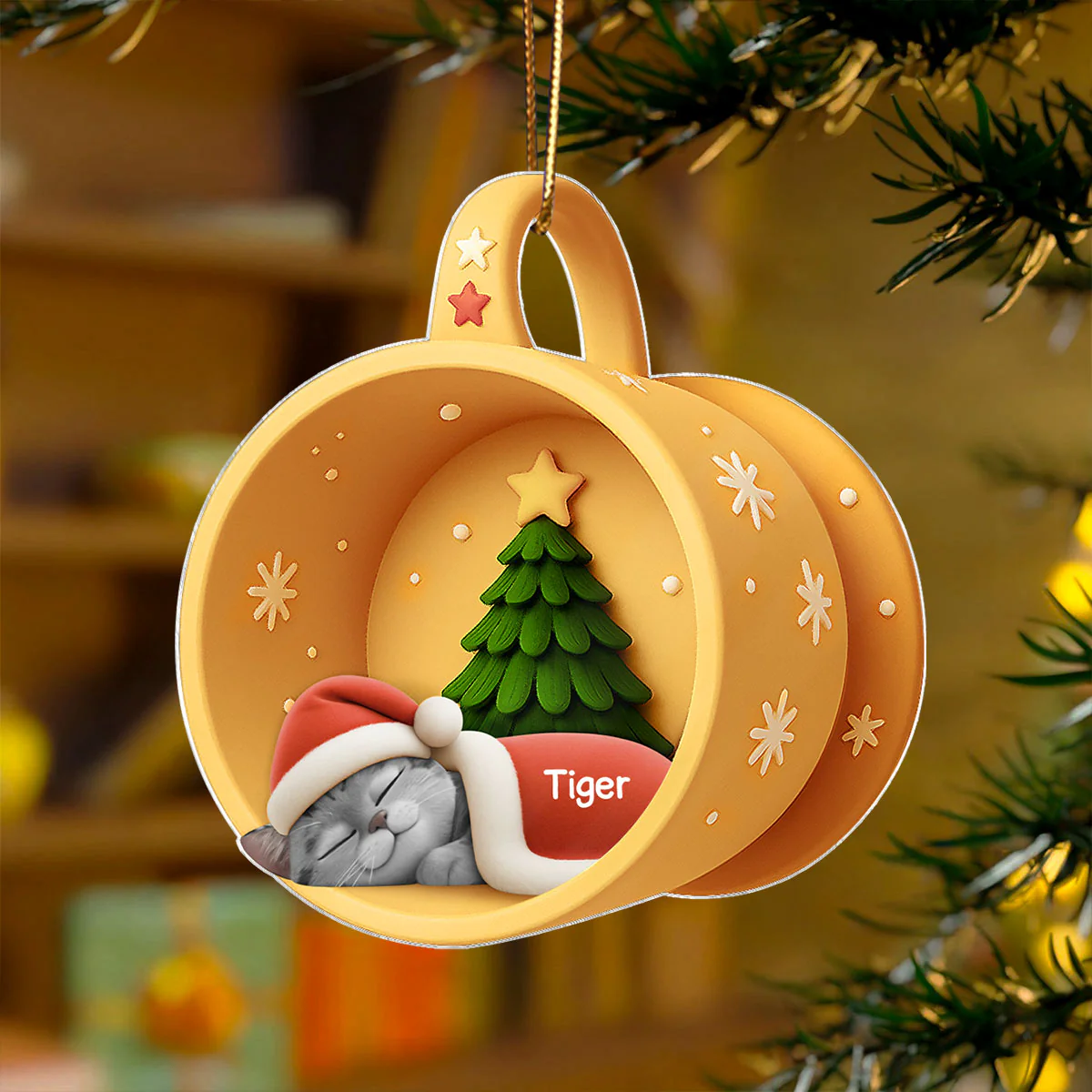 Christmas Sleeping Cats In Cozy Mug 3D Effect Personalized Acrylic Ornament - Image 5