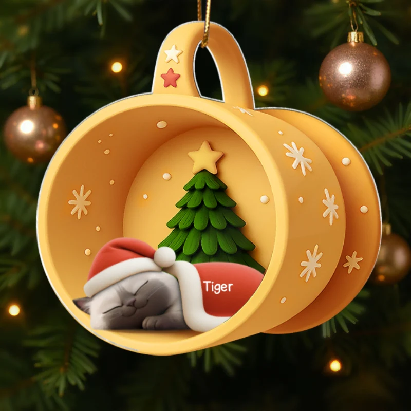 Christmas Sleeping Cats In Cozy Mug 3D Effect Personalized Acrylic Ornament - Image 8