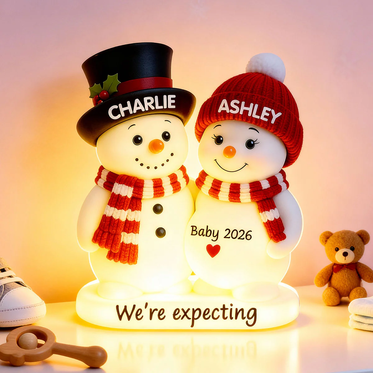Christmas Snowman Couple Parents We're Expecting Pregnancy Baby Arriving - Personalized Light Box - Image 4
