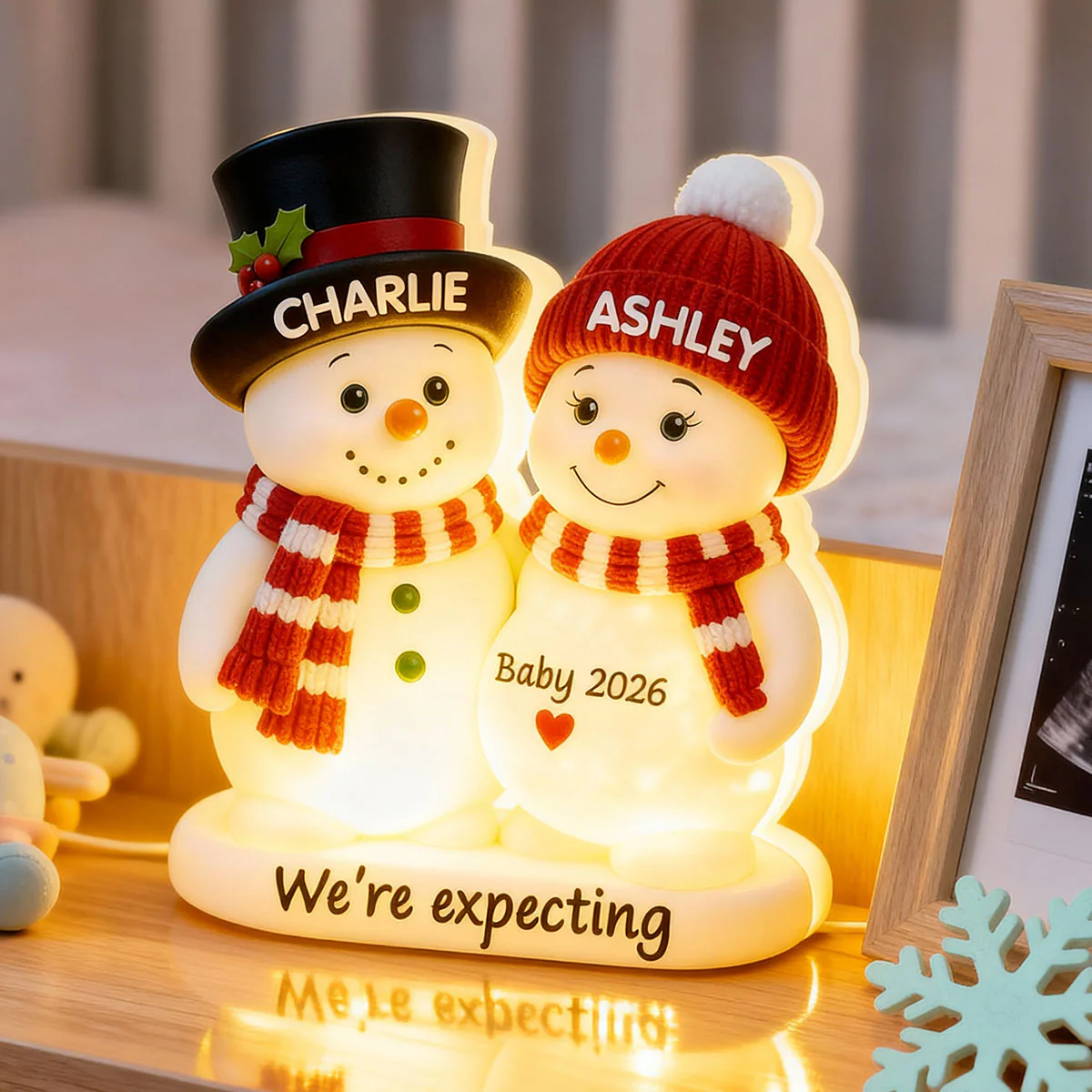 Christmas Snowman Couple Parents We're Expecting Pregnancy Baby Arriving - Personalized Light Box - Image 5