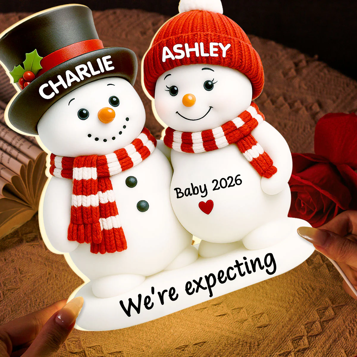 Christmas Snowman Couple Parents We're Expecting Pregnancy Baby Arriving - Personalized Light Box - Image 8
