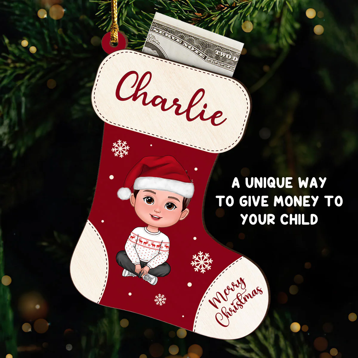 Christmas Stocking Cute Doll Kid Teenage Personalized Money Gift Card Holder Ornament, Unique Christmas Gift For Daughter, Son, Granddaughter, Grandson