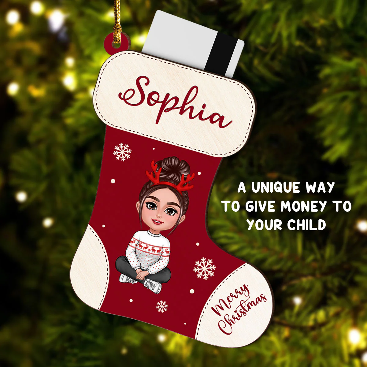 Christmas Stocking Cute Doll Kid Teenage Personalized Money Gift Card Holder Ornament, Unique Christmas Gift For Daughter, Son, Granddaughter, Grandson - Image 2