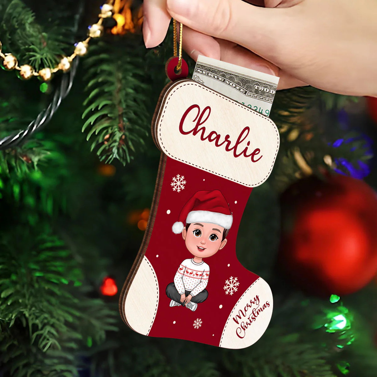 Christmas Stocking Cute Doll Kid Teenage Personalized Money Gift Card Holder Ornament, Unique Christmas Gift For Daughter, Son, Granddaughter, Grandson - Image 3