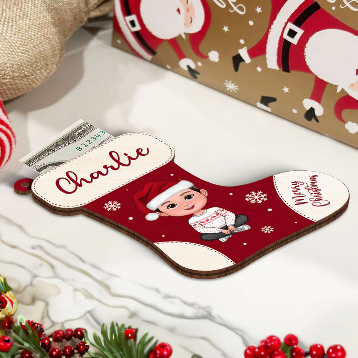 Christmas Stocking Cute Doll Kid Teenage Personalized Money Gift Card Holder Ornament, Unique Christmas Gift For Daughter, Son, Granddaughter, Grandson - Image 5