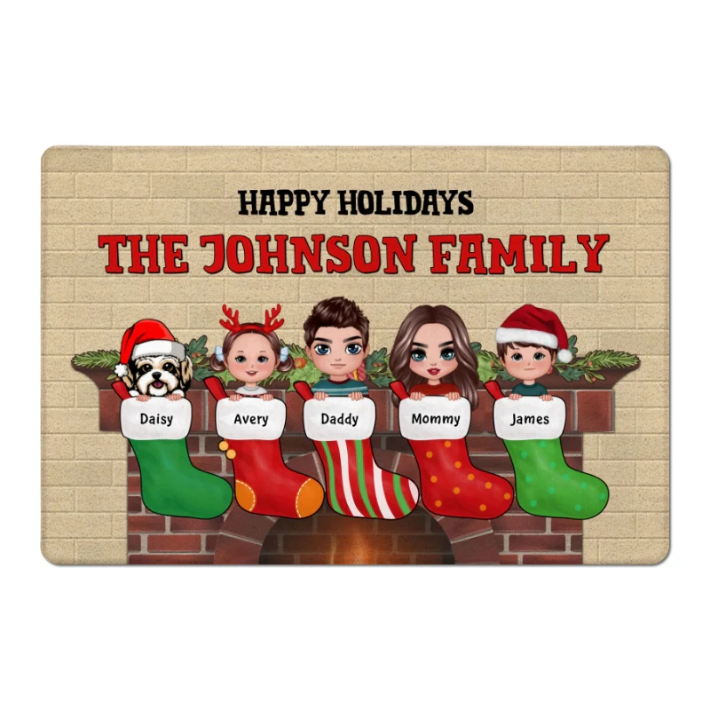 Christmas Stocking Doll Family Couple Kid Dog Cat Personalized Doormat - Image 4