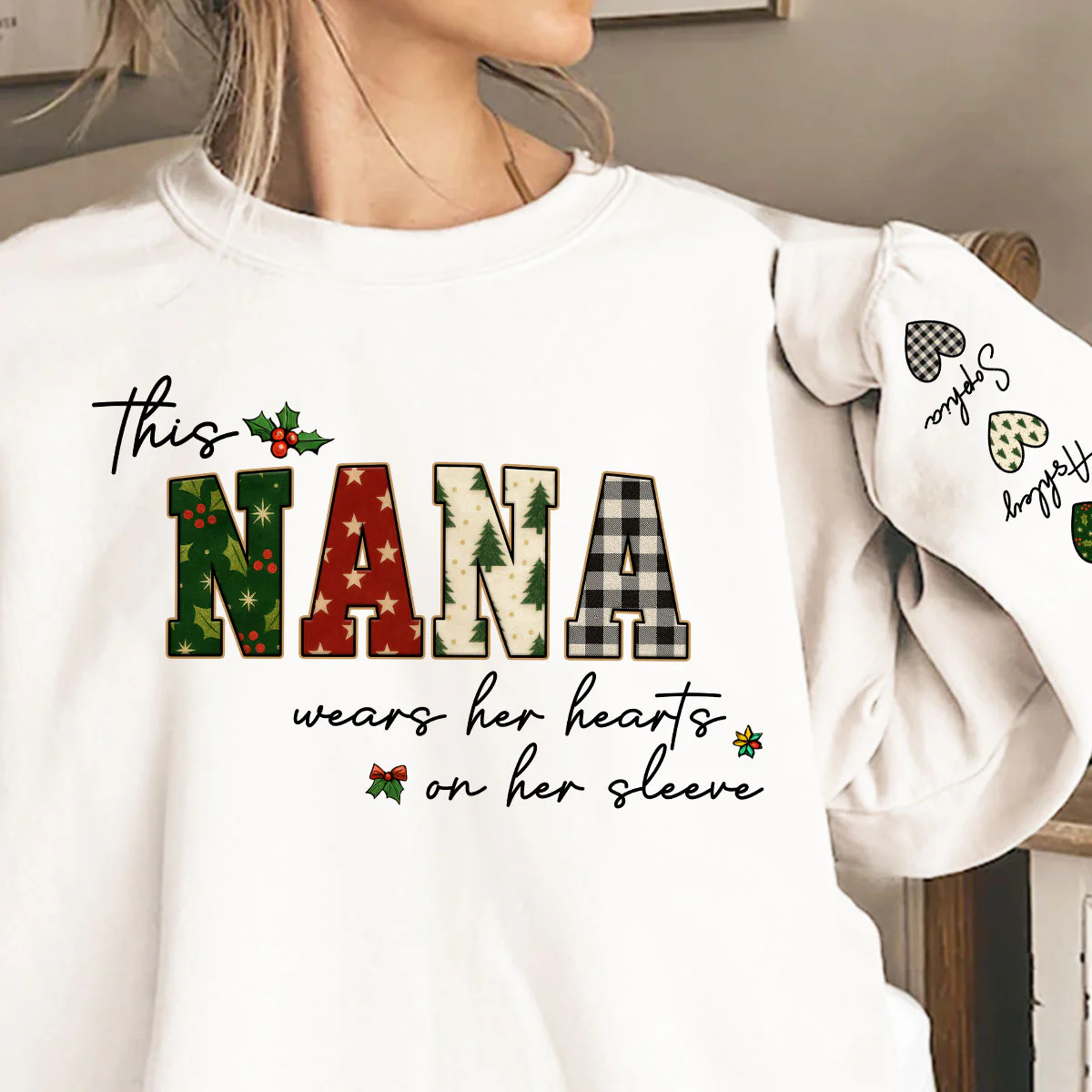 Christmas This Grandma Wears Her Heart Her Sleeve - Personalized Sleeve Printed Sweatshirt - Image 5