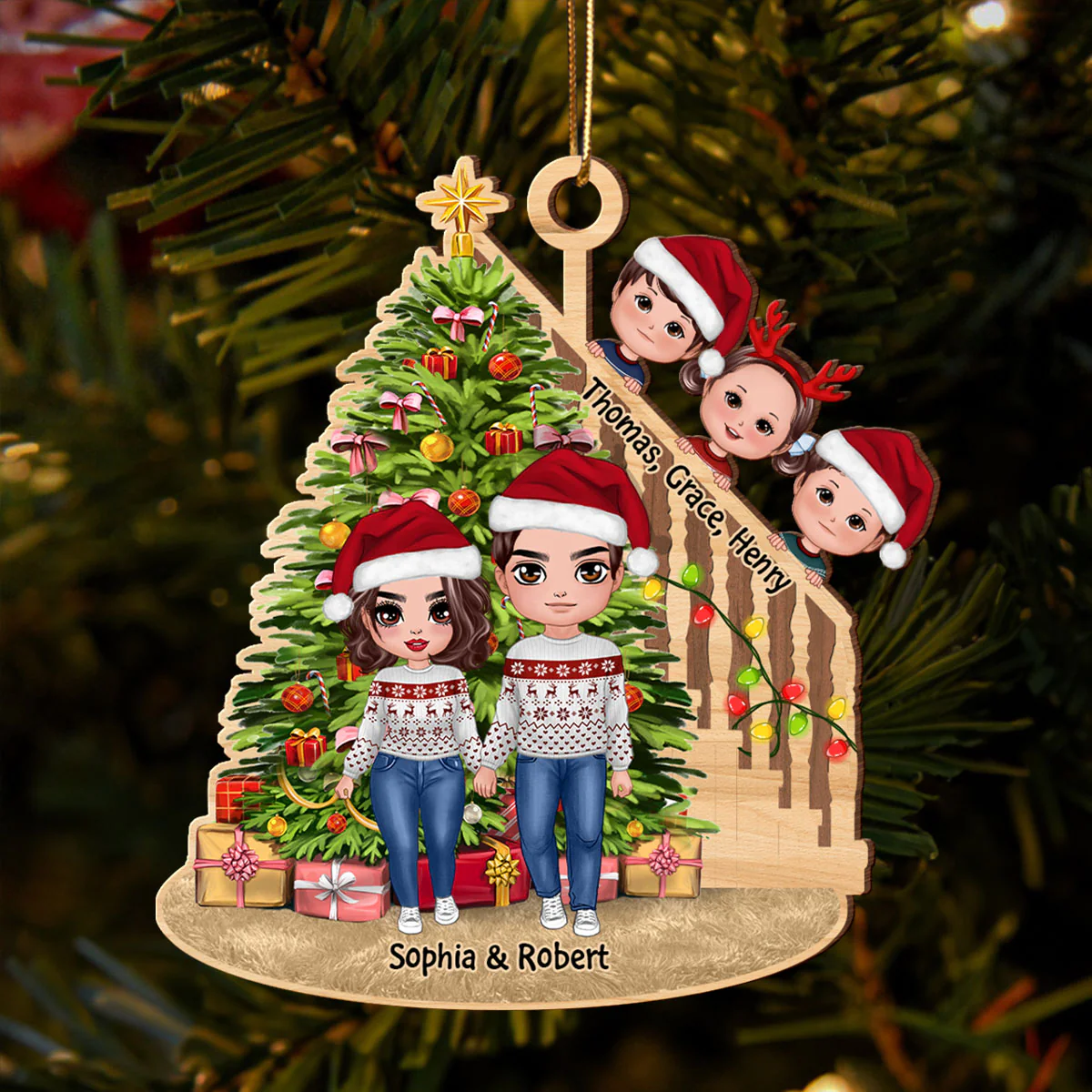 Christmas Tree And Stair Doll Family Personalized Wooden Ornament - Image 2