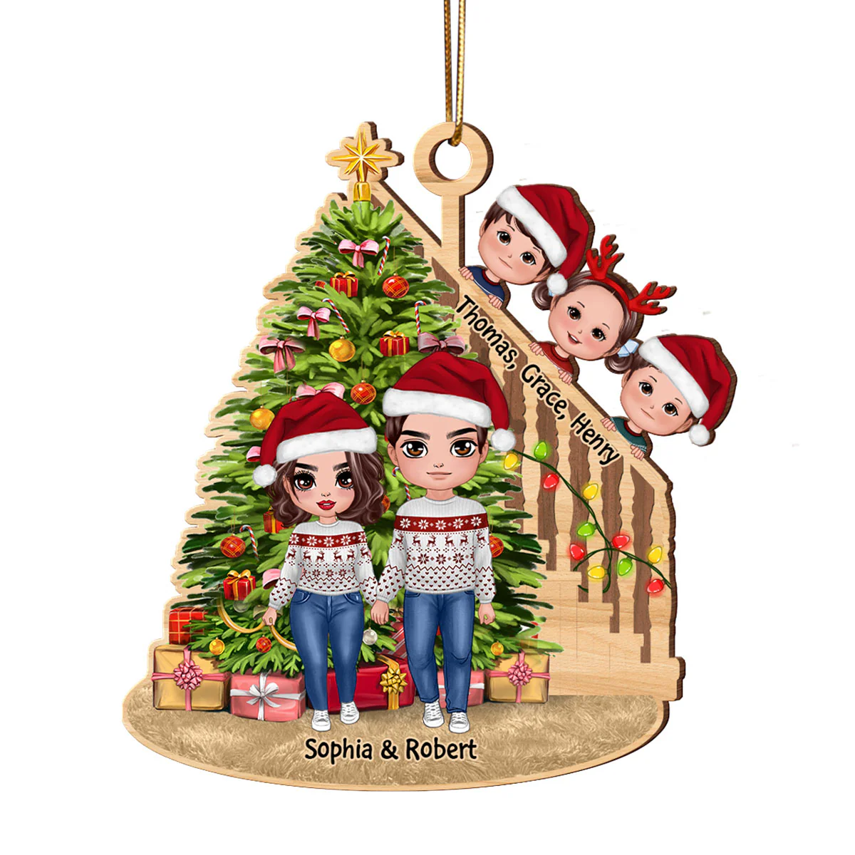 Christmas Tree And Stair Doll Family Personalized Wooden Ornament - Image 3