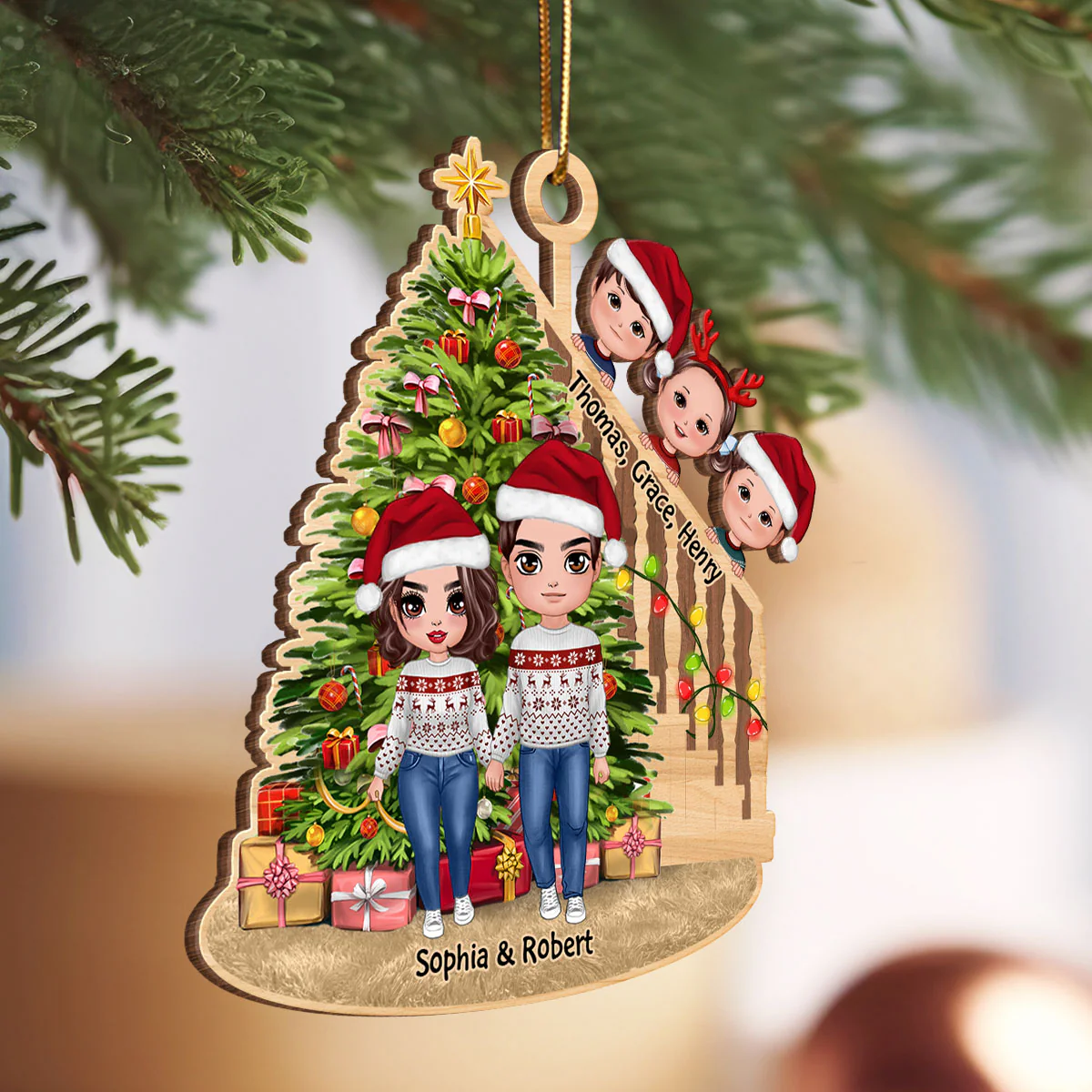 Christmas Tree And Stair Doll Family Personalized Wooden Ornament - Image 4