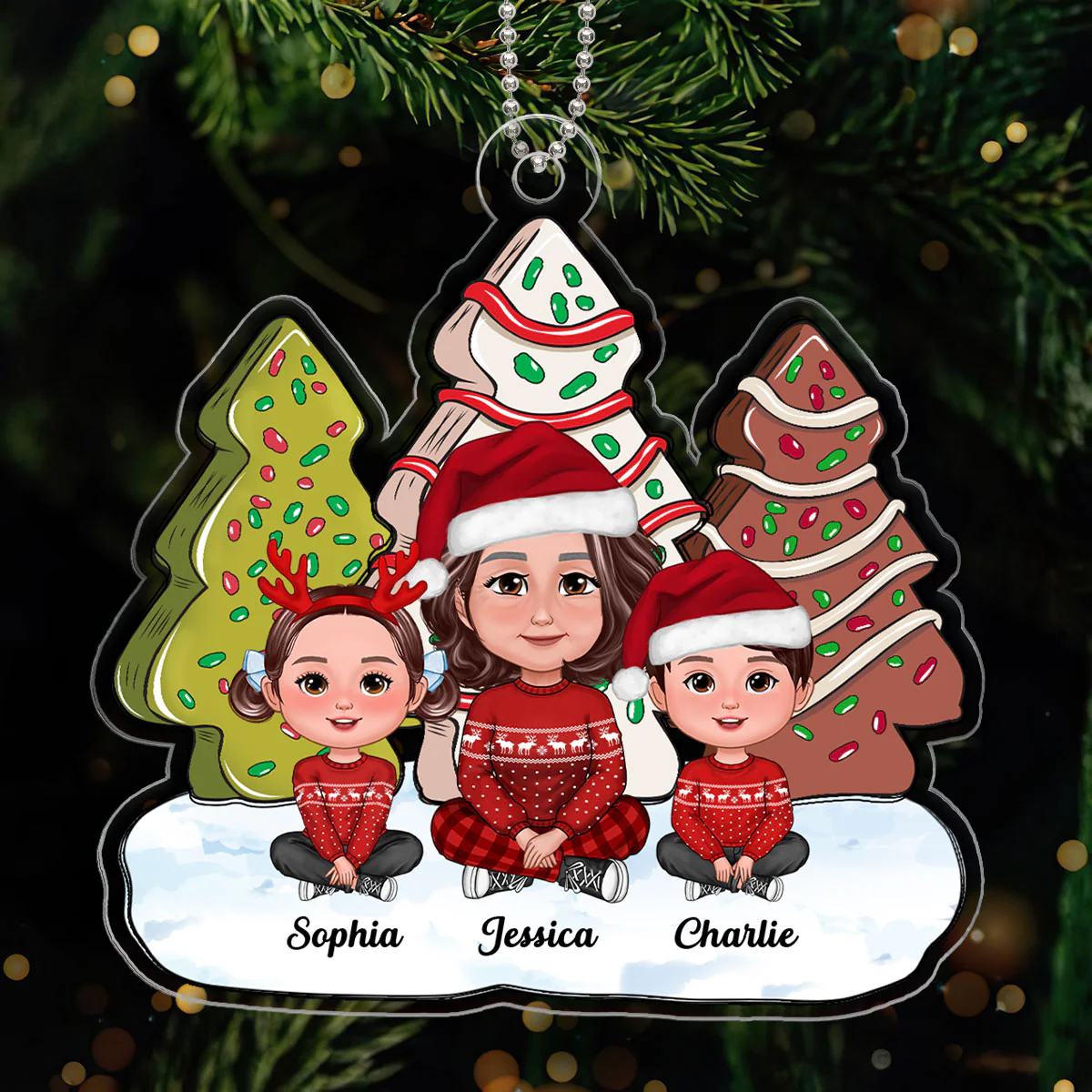 Christmas Tree Cake Pattern Grandma Grandkids Sitting Personalized Acrylic Ornament