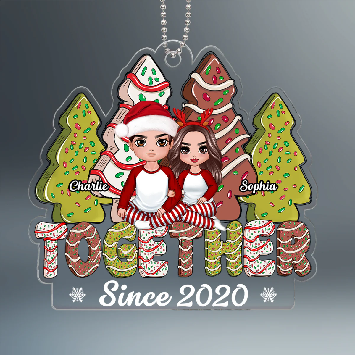 Christmas Tree Cakes Couple Sitting Together Personalized Acrylic Ornament - Image 2