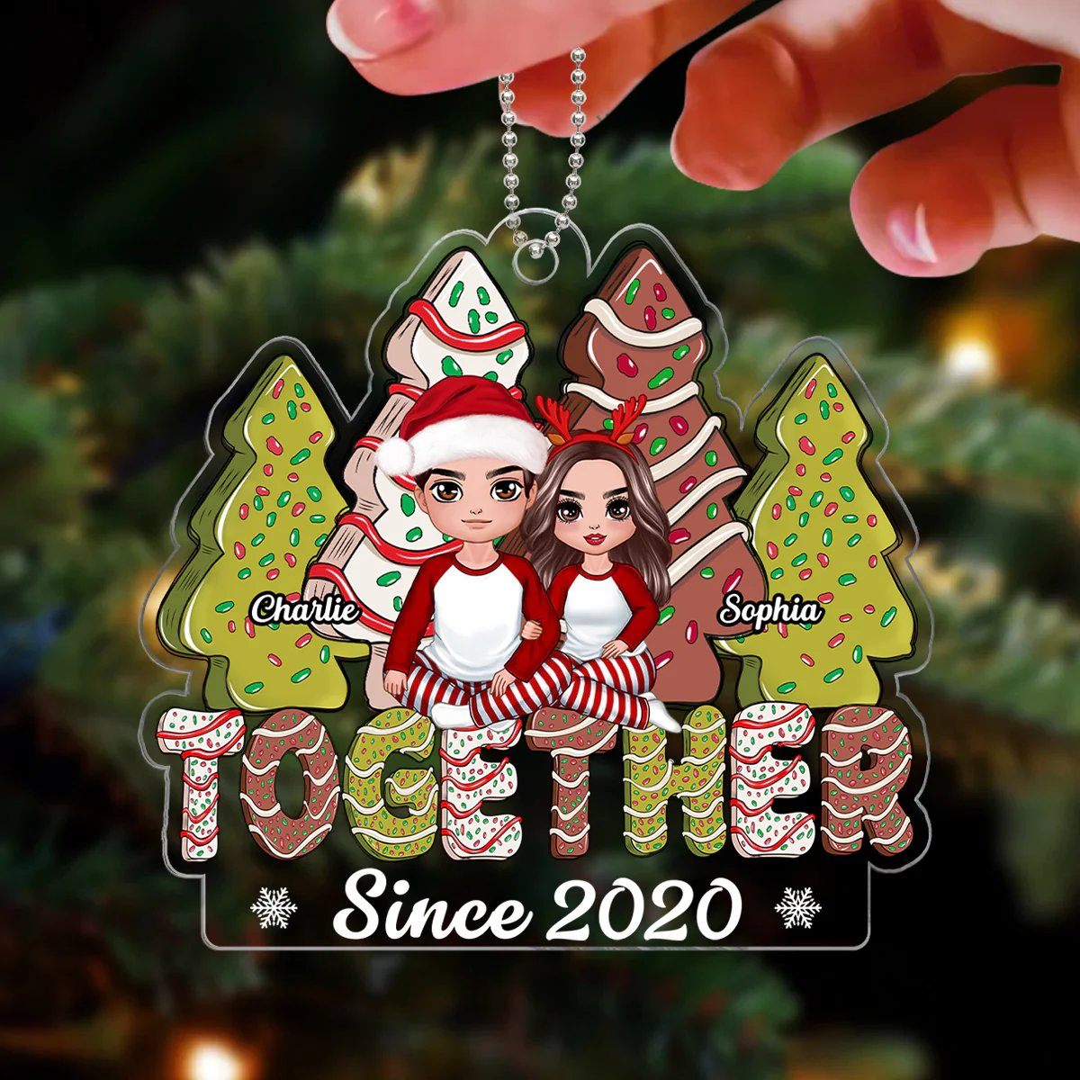 Christmas Tree Cakes Couple Sitting Together Personalized Acrylic Ornament - Image 3