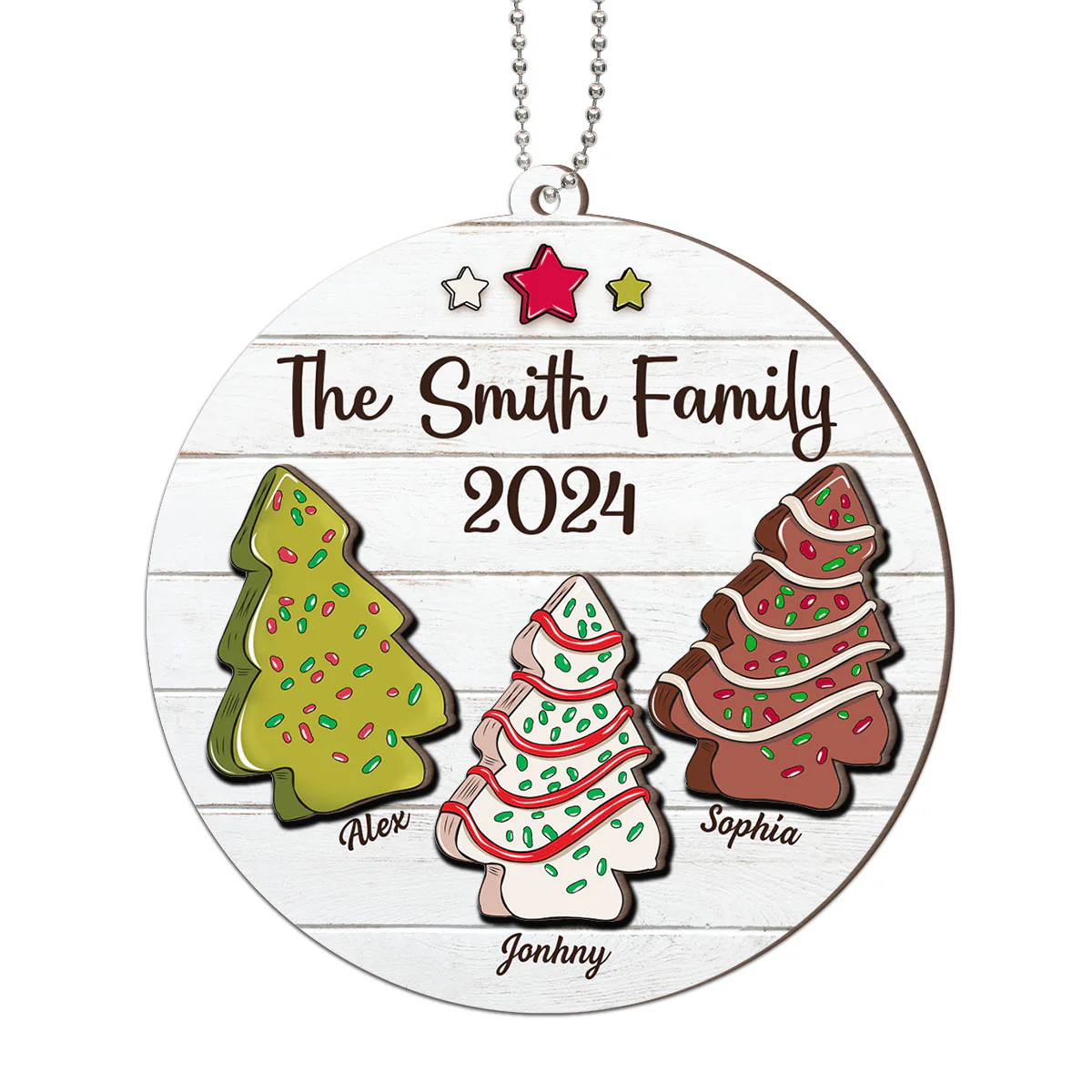 Christmas Tree Cakes Family Members Name Personalized 2-Layer Wooden Ornament - Image 2