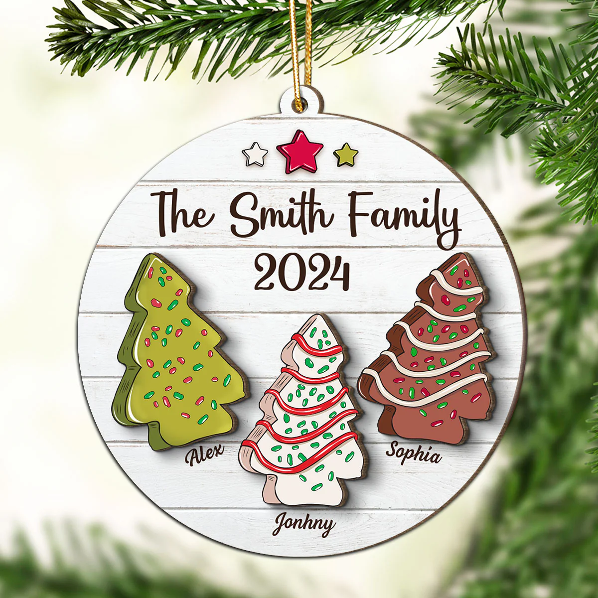 Christmas Tree Cakes Family Members Name Personalized 2-Layer Wooden Ornament - Image 3