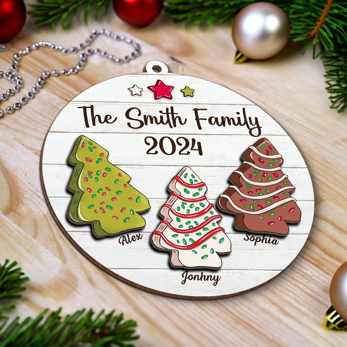 Christmas Tree Cakes Family Members Name Personalized 2-Layer Wooden Ornament - Image 4