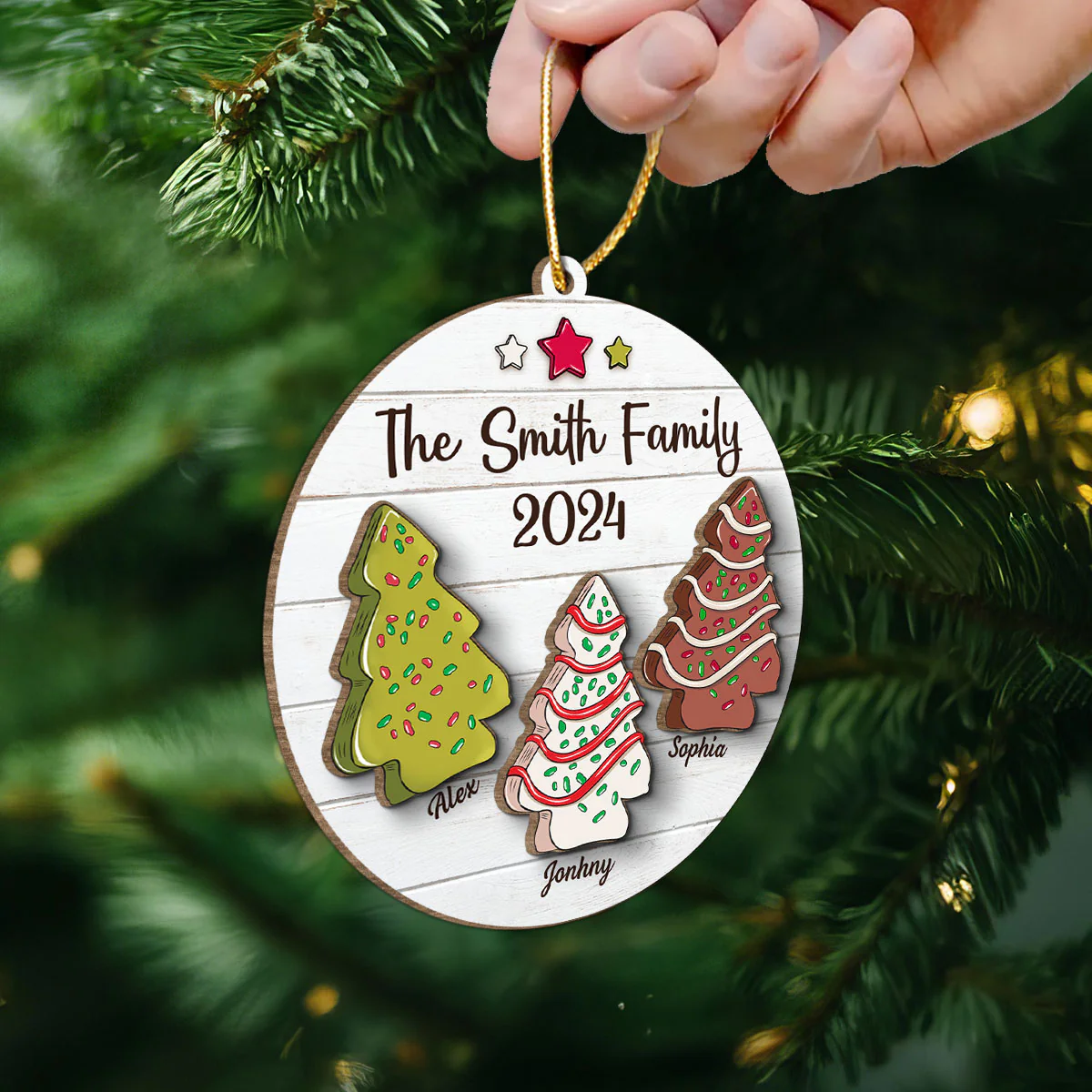 Christmas Tree Cakes Family Members Name Personalized 2-Layer Wooden Ornament - Image 5