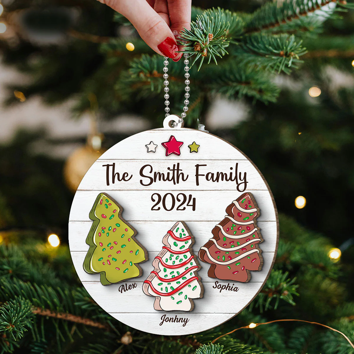 Christmas Tree Cakes Family Members Name Personalized 2-Layer Wooden Ornament - Image 7