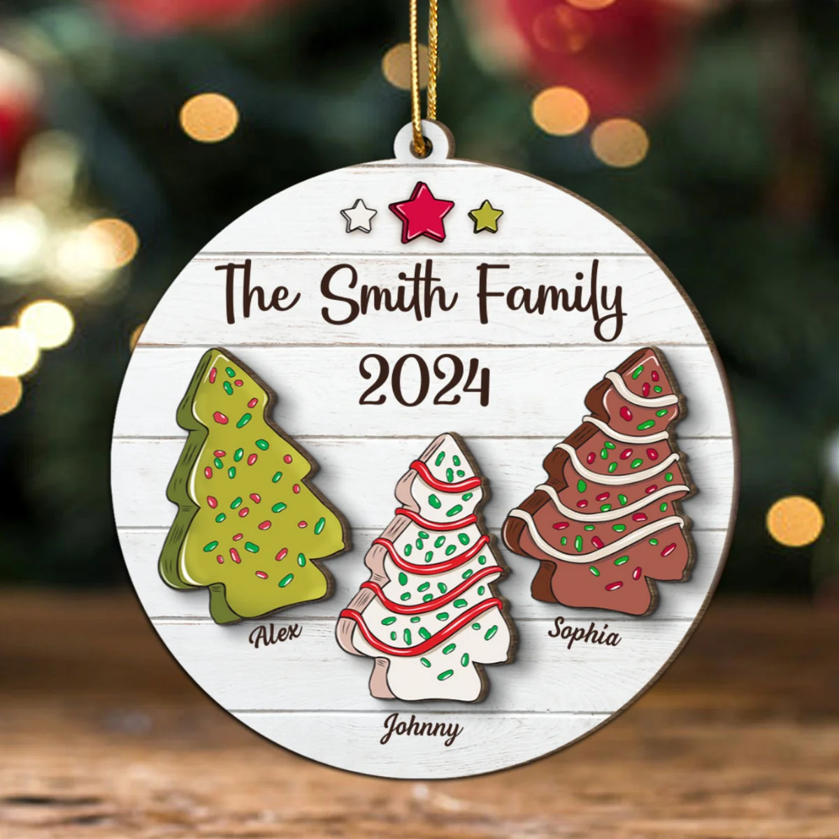 Christmas Tree Cakes Family Members Name Personalized 2-Layer Wooden Ornament - Image 9