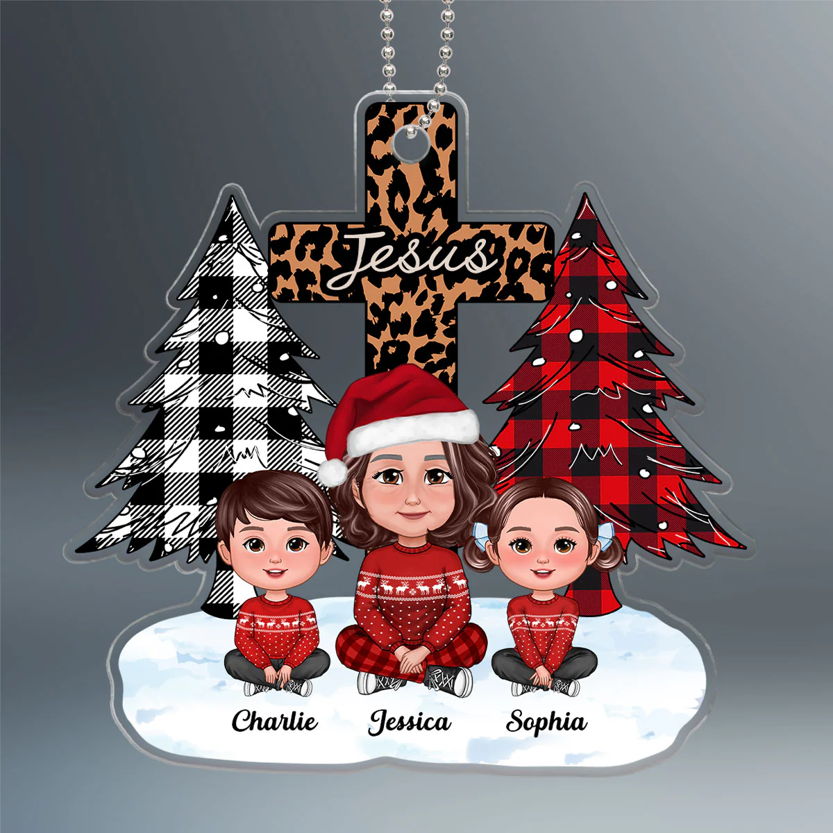 Christmas Tree & Cross Cute Grandma & Grandkids Sitting Personalized Acrylic Ornament - Image 2