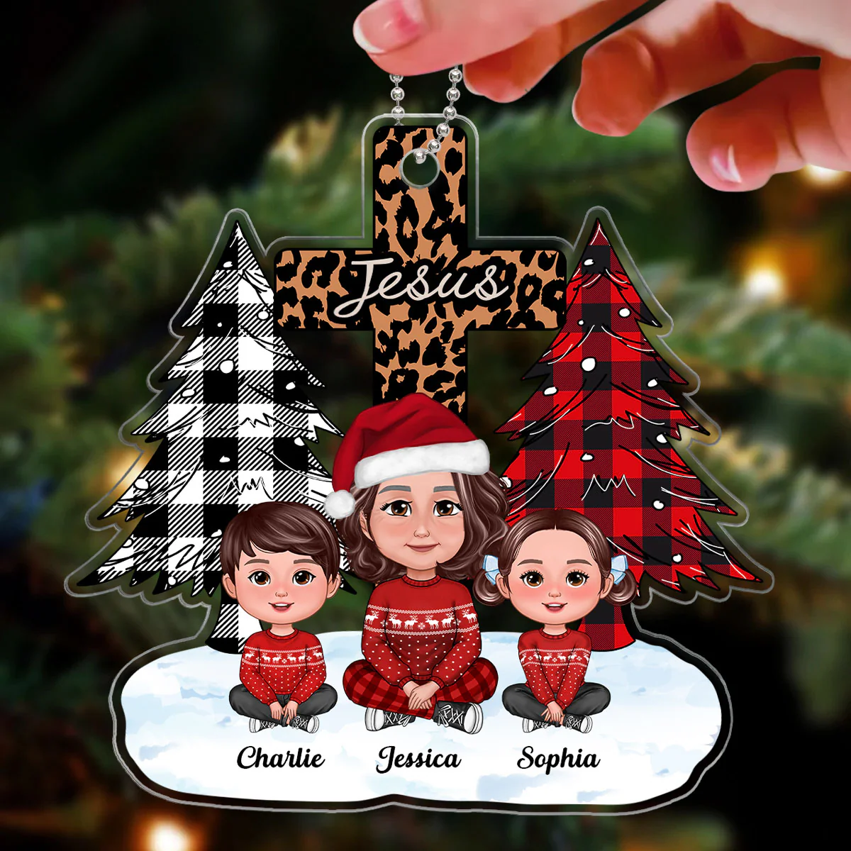 Christmas Tree & Cross Cute Grandma & Grandkids Sitting Personalized Acrylic Ornament - Image 3