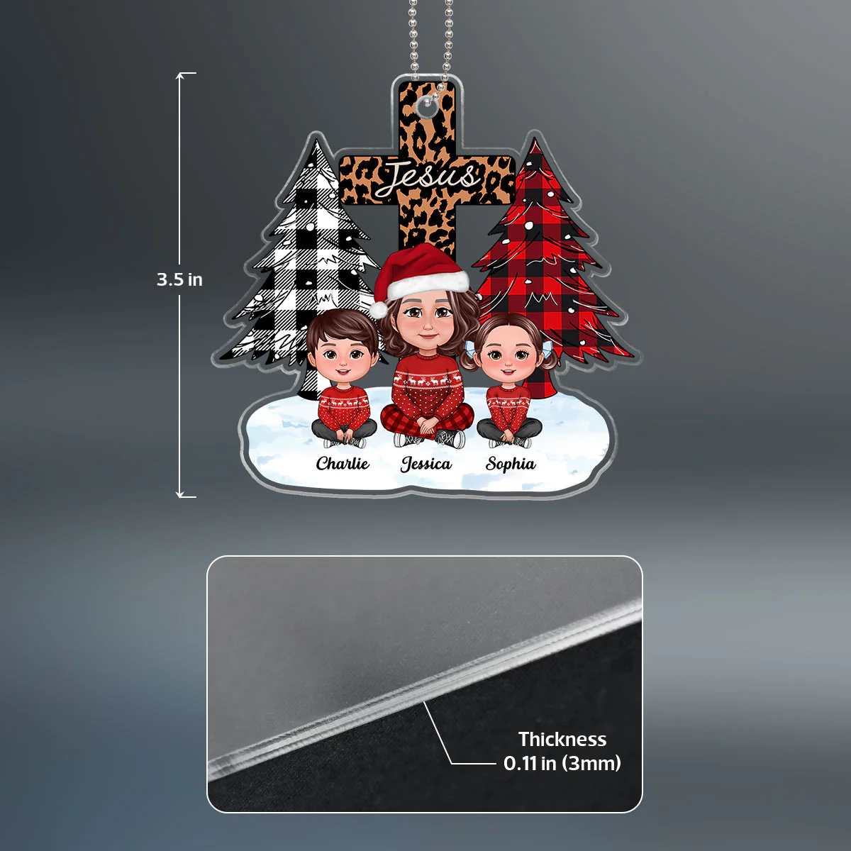 Christmas Tree & Cross Cute Grandma & Grandkids Sitting Personalized Acrylic Ornament - Image 4