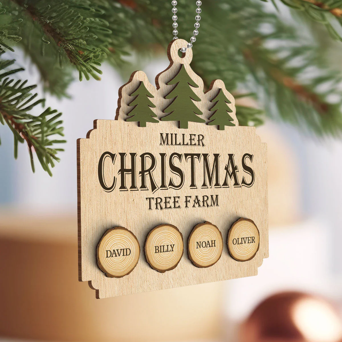 Christmas Tree Farm Family Wood Slice Personalized 2-Layer Wooden Ornament - Image 3