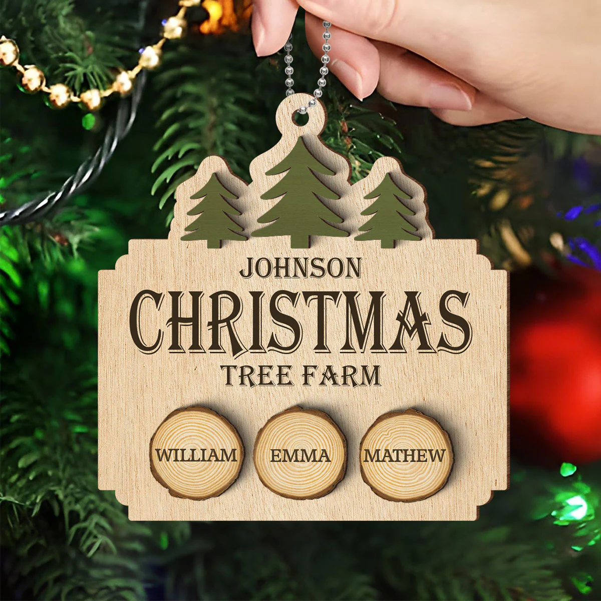 Christmas Tree Farm Family Wood Slice Personalized 2-Layer Wooden Ornament - Image 4
