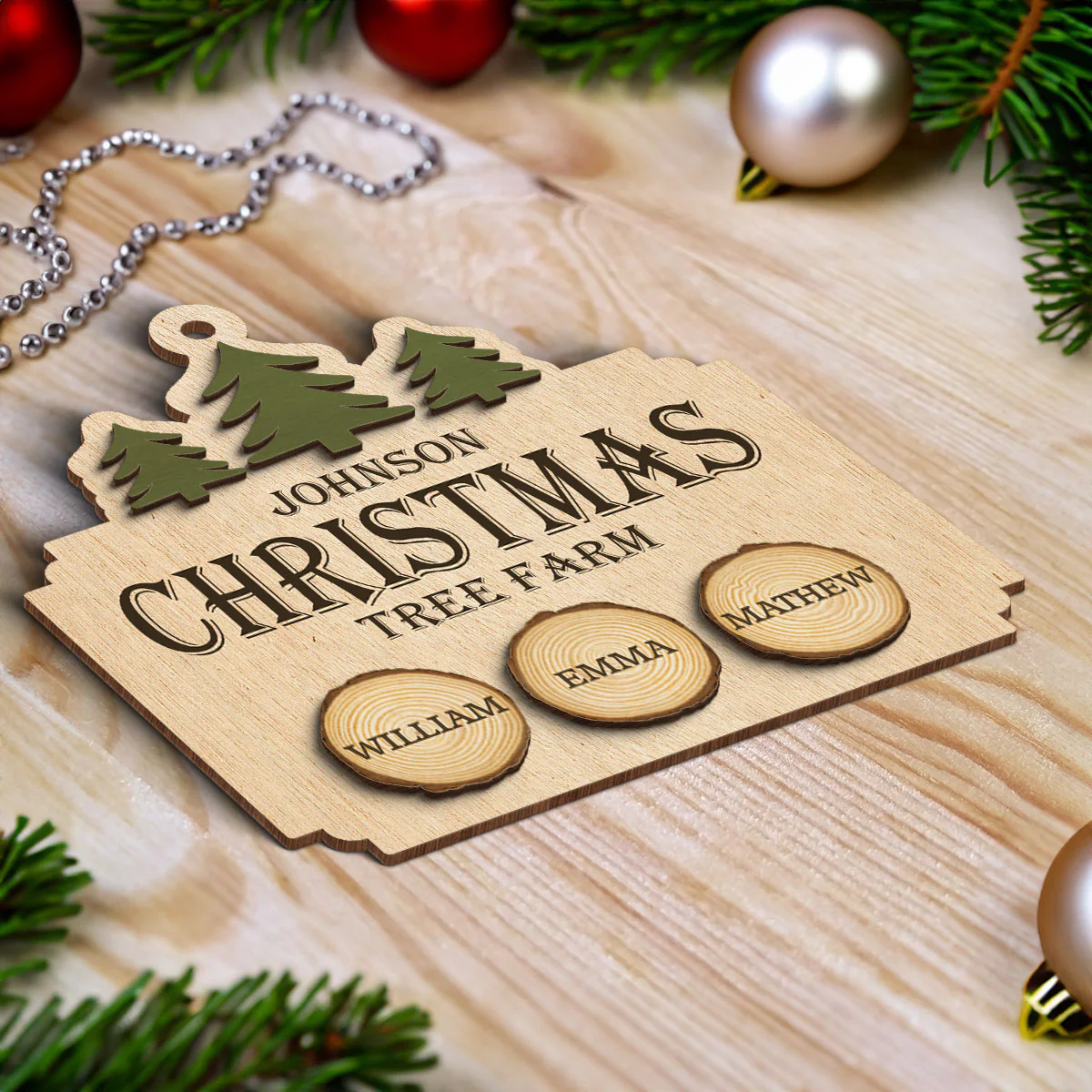 Christmas Tree Farm Family Wood Slice Personalized 2-Layer Wooden Ornament - Image 5