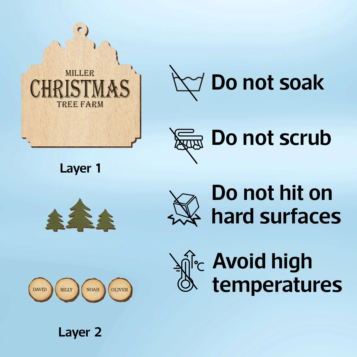 Christmas Tree Farm Family Wood Slice Personalized 2-Layer Wooden Ornament - Image 7