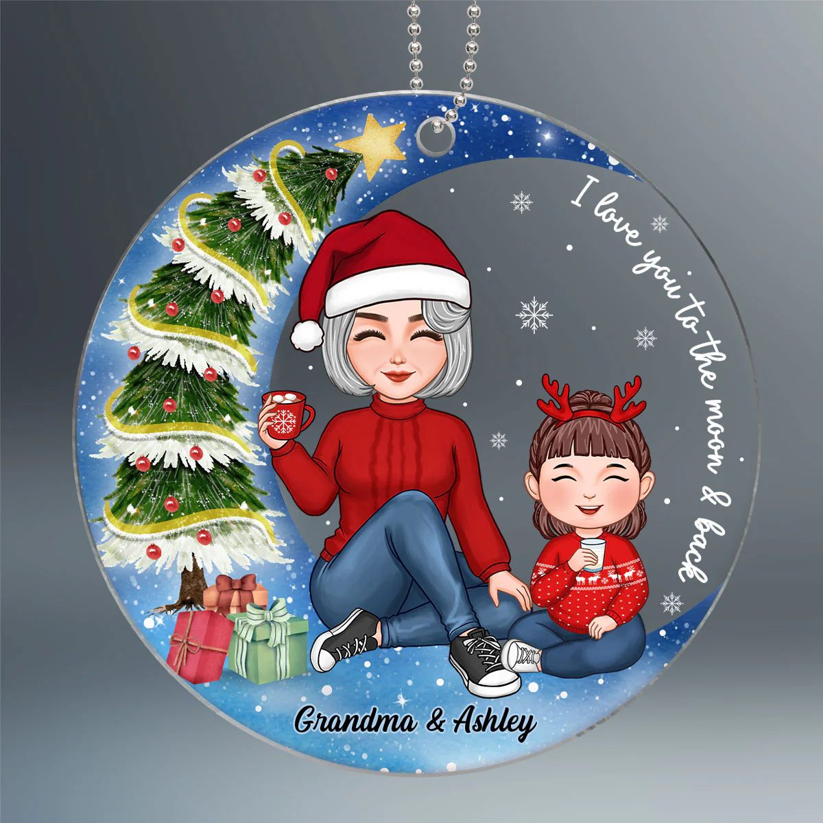 Christmas Tree In Moon Cute Grandma & Grandkid Sitting Personalized Acrylic Ornament - Image 2