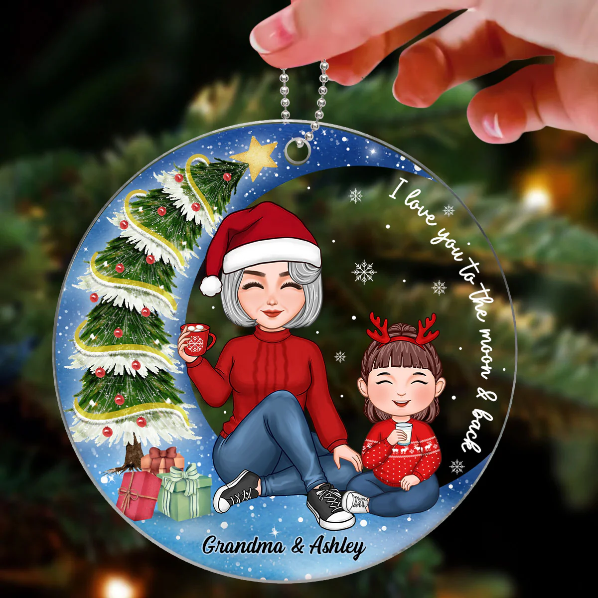 Christmas Tree In Moon Cute Grandma & Grandkid Sitting Personalized Acrylic Ornament - Image 3