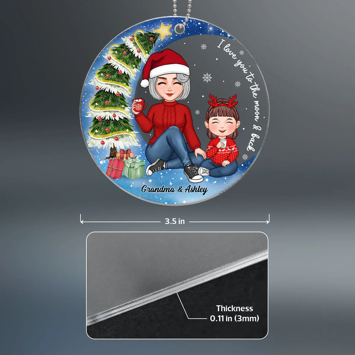 Christmas Tree In Moon Cute Grandma & Grandkid Sitting Personalized Acrylic Ornament - Image 4