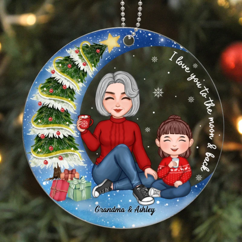 Christmas Tree In Moon Cute Grandma & Grandkid Sitting Personalized Acrylic Ornament - Image 5