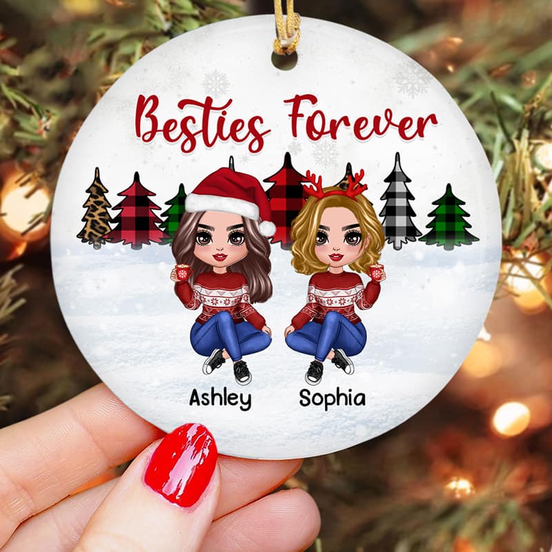 Christmas Tree Leopard Checkered Doll Besties Personalized Circle Ornament - Image 2