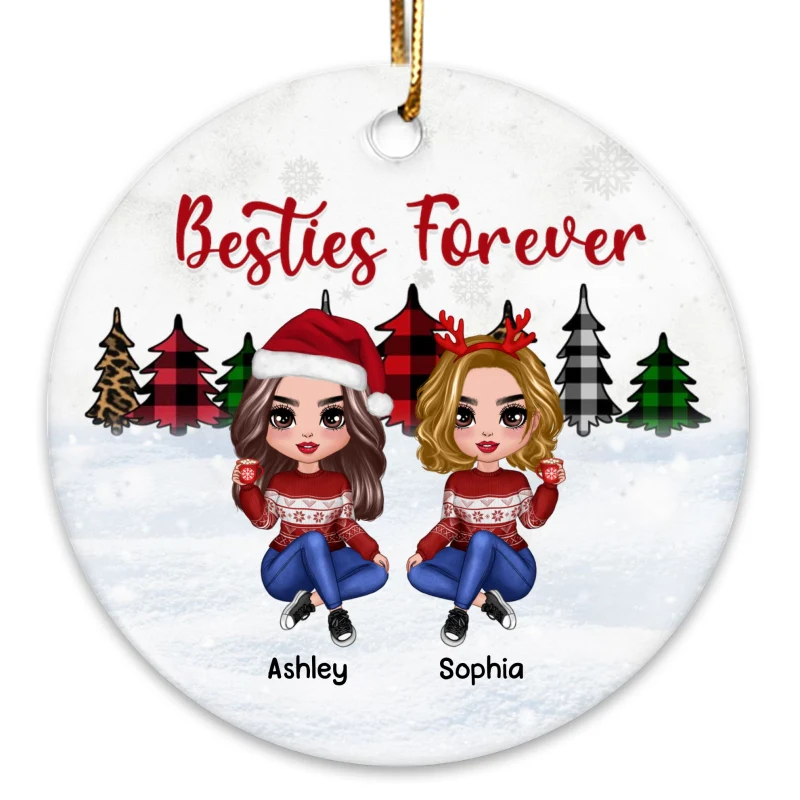 Christmas Tree Leopard Checkered Doll Besties Personalized Circle Ornament - Image 3
