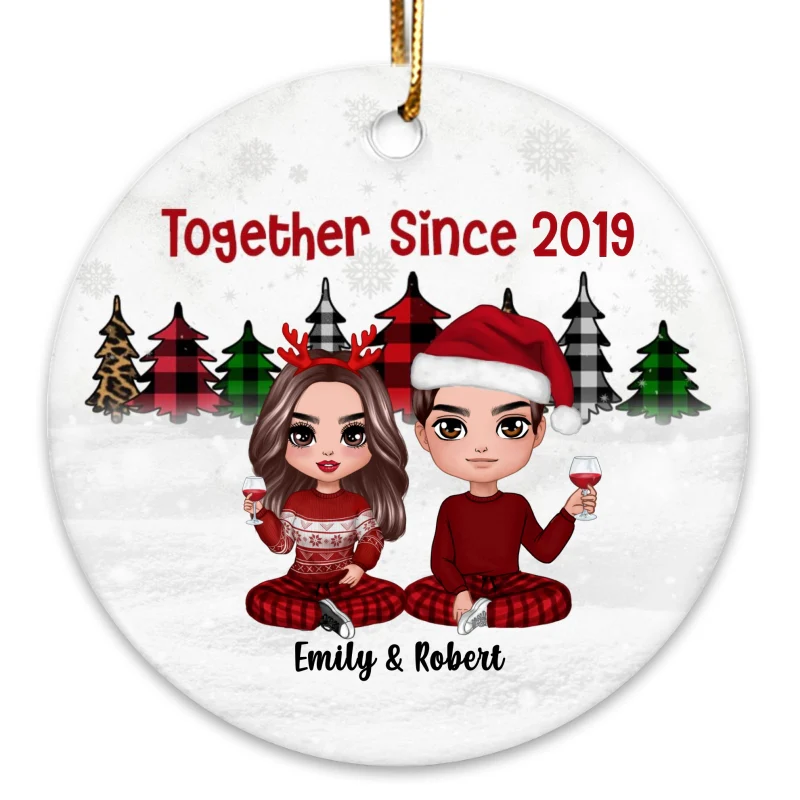 Christmas Tree Leopard Checkered Doll Couple Personalized Circle Ornament