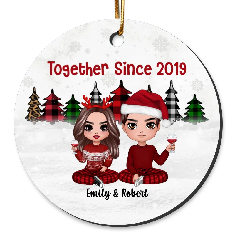 Christmas Tree Leopard Checkered Doll Couple Personalized Circle Ornament - Image 2