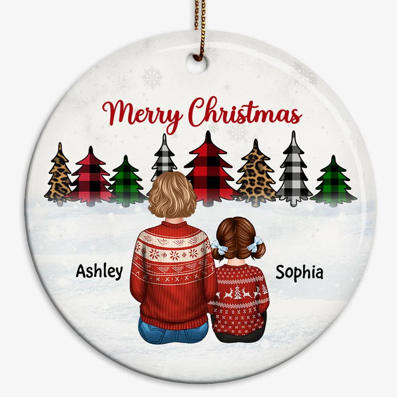 Christmas Tree Leopard Checkered Grandma Grandkids Back View Personalized Circle Ornament