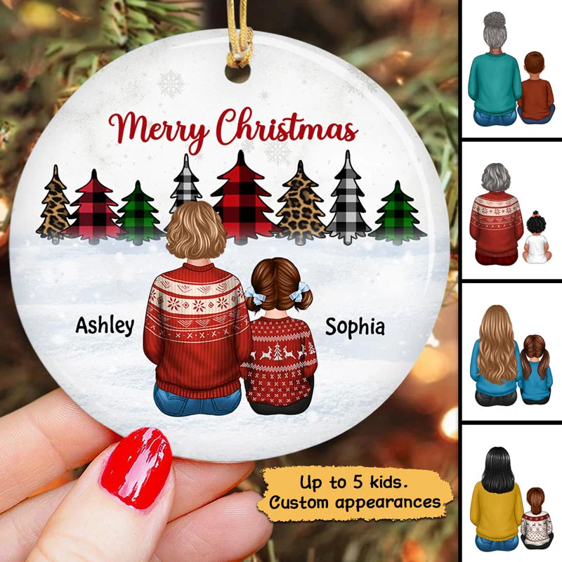 Christmas Tree Leopard Checkered Grandma Grandkids Back View Personalized Circle Ornament - Image 2