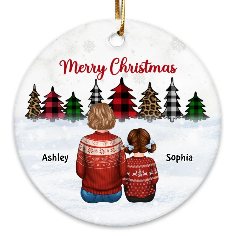 Christmas Tree Leopard Checkered Grandma Grandkids Back View Personalized Circle Ornament - Image 3
