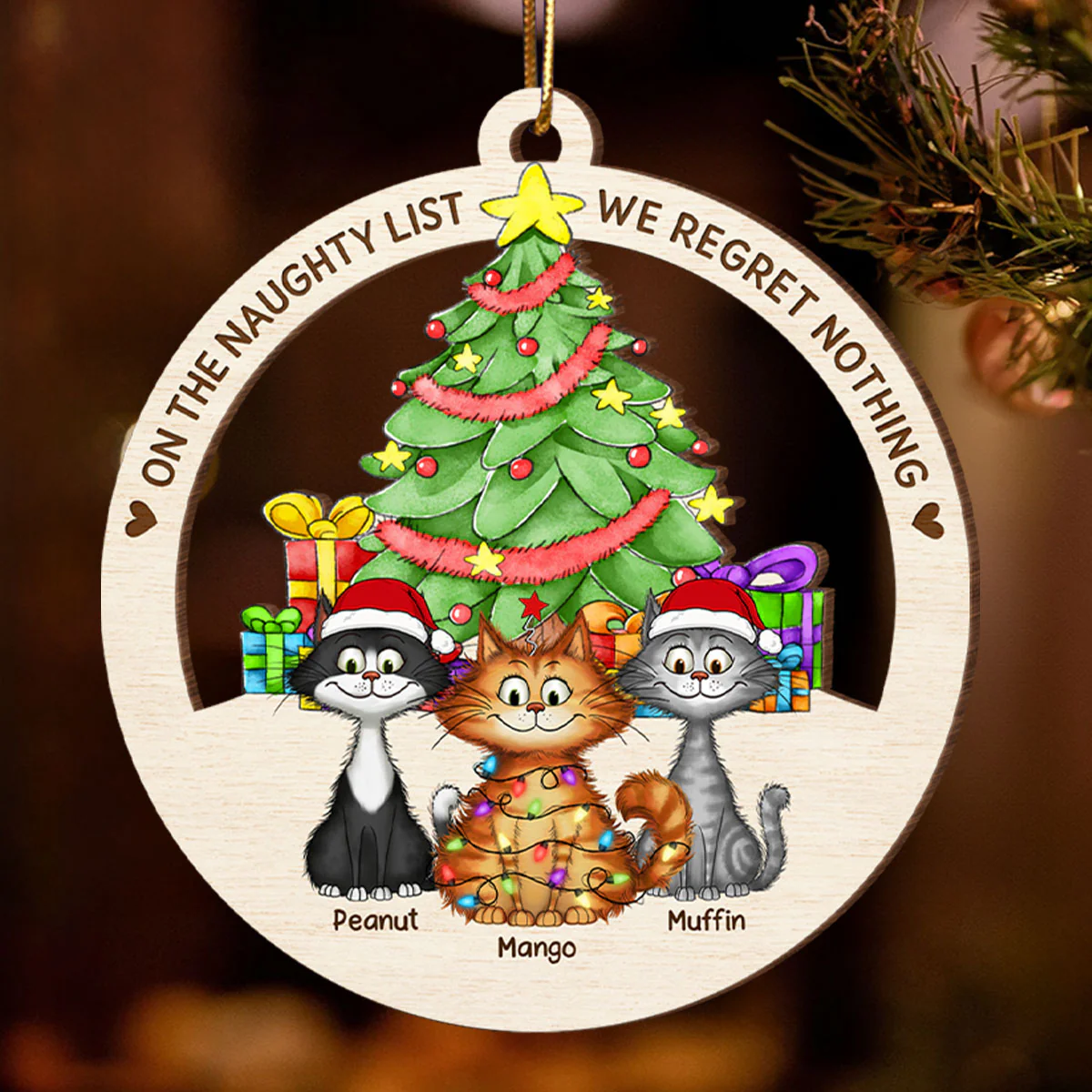 Christmas Tree Quirky Cat On The Naughty List We Regret Nothing Wooden Ornament, Personalized Christmas Cat Ornament - Image 2