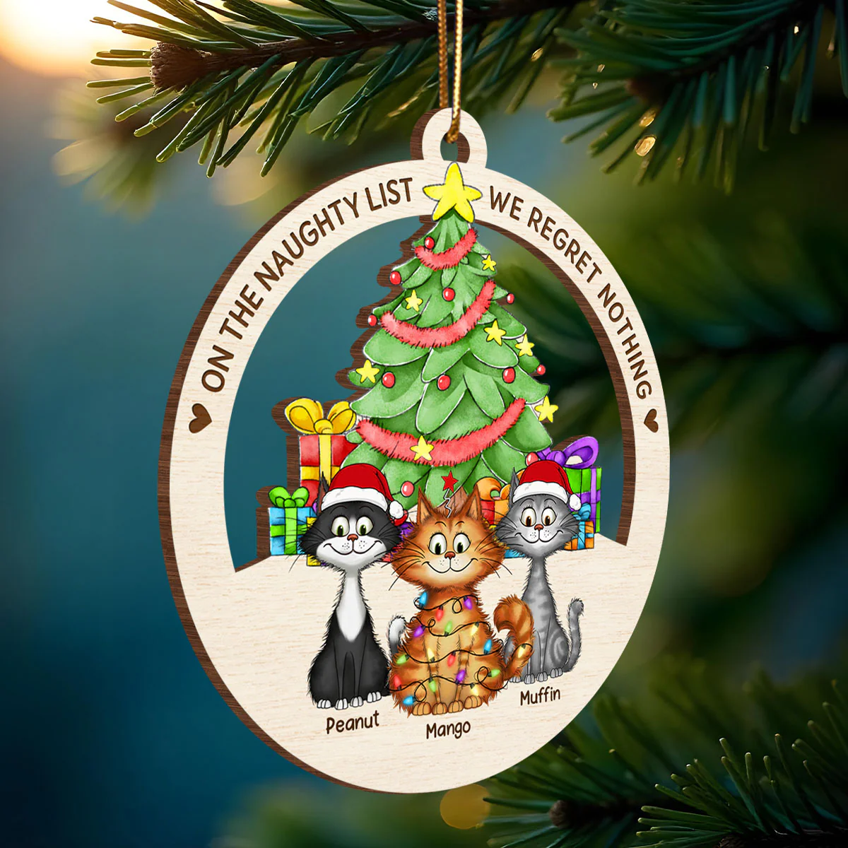 Christmas Tree Quirky Cat On The Naughty List We Regret Nothing Wooden Ornament, Personalized Christmas Cat Ornament - Image 3