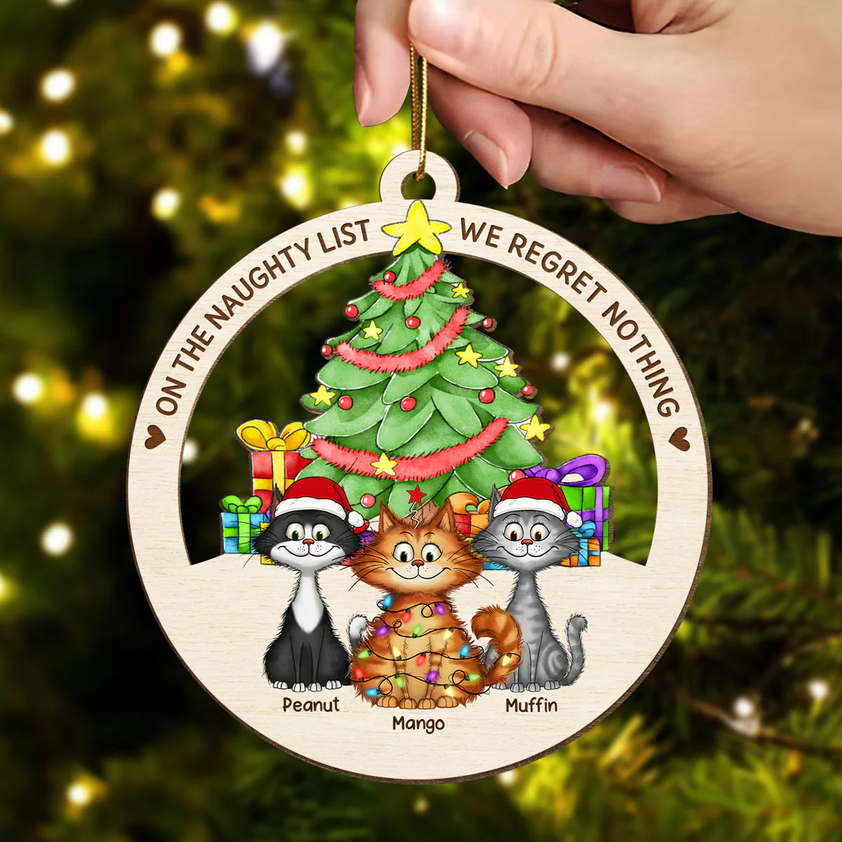 Christmas Tree Quirky Cat On The Naughty List We Regret Nothing Wooden Ornament, Personalized Christmas Cat Ornament - Image 4