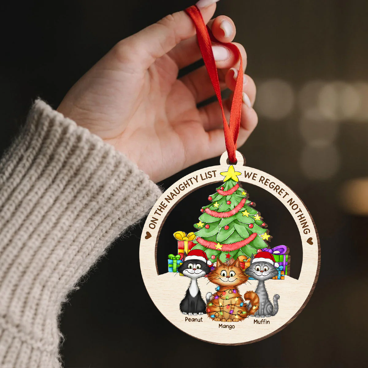 Christmas Tree Quirky Cat On The Naughty List We Regret Nothing Wooden Ornament, Personalized Christmas Cat Ornament - Image 9