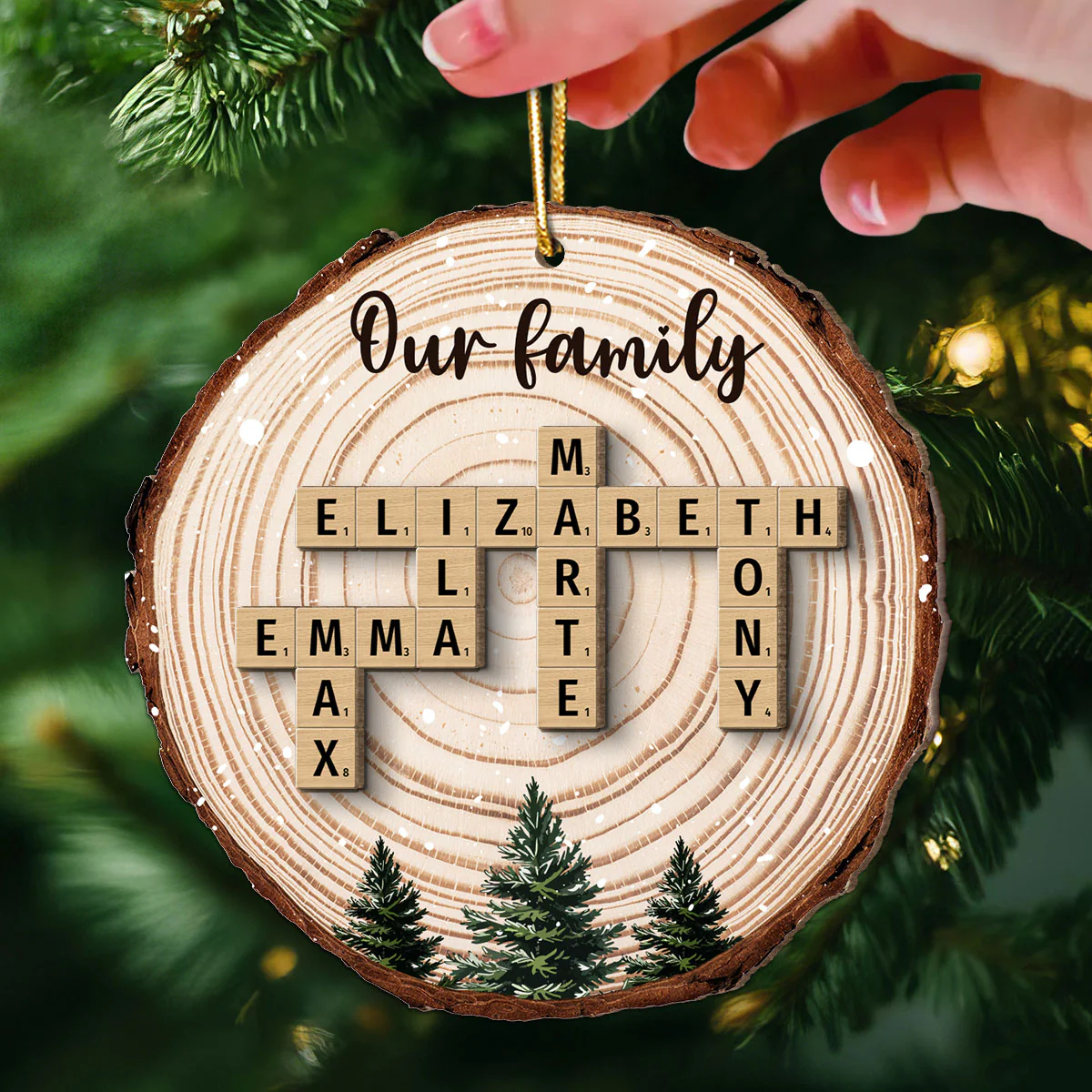 Christmas Tree Wood Pattern Family Names Puzzle Crossword Personalized 2-Layer Wooden Ornament, Christmas Gift For Family - Image 3